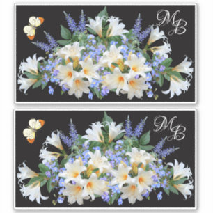 Witte Lelies en Blauwe Veronica Bloemen Monogram Sticker