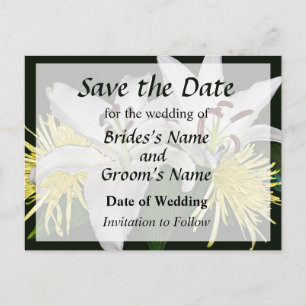 Witte lelies en gele chrysanten save the date aankondigingskaart