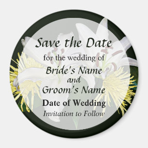 Witte lelies en gele chrysanten save the date magneet