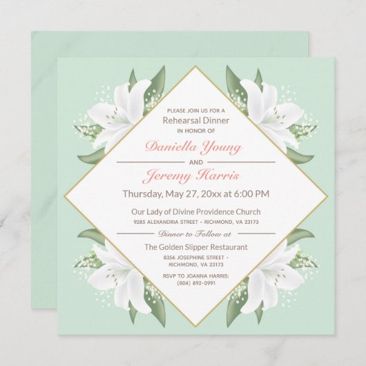 Witte lelies en milde munt repetitie diner uitnodi kaart (Voorkant / Achterkant)