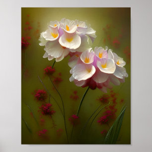 Witte lelies en rode wilde bloemen poster