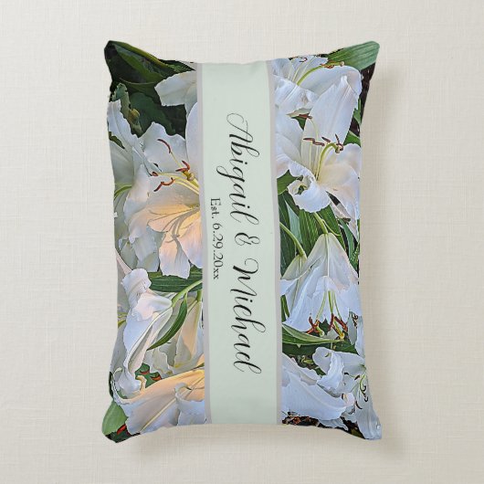 Witte lelies Huwelijk Echtpaar Namen Bloemstuk Accent Kussen (Voorkant(Verticaal))