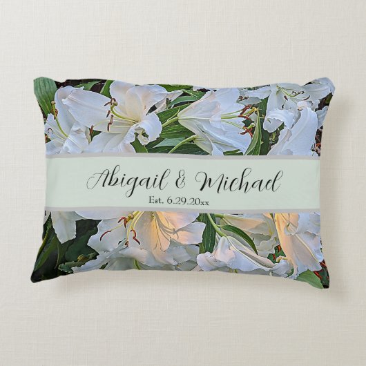Witte lelies Huwelijk Echtpaar Namen Bloemstuk Accent Kussen (Achterkant)