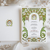 Witte lelies & narcissen Art Nouveau bruiloft Kaart