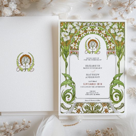 Witte lelies & narcissen Art Nouveau bruiloft Kaart