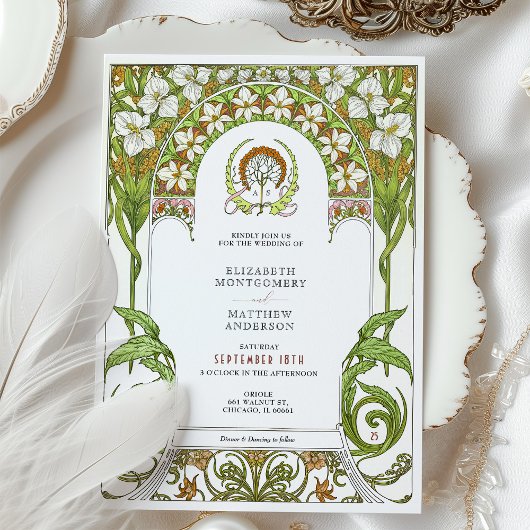 Witte lelies & narcissen Art Nouveau bruiloft Kaart