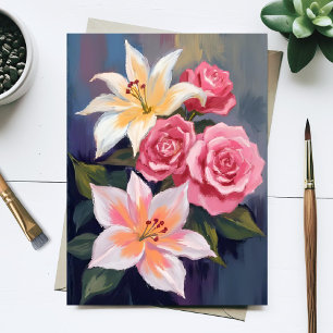 Witte Lelies Roze Roos Boeket Aquarel Bloemen Briefkaart