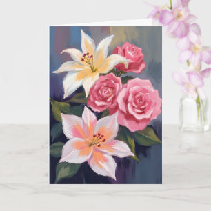 Witte Lelies Roze Roos Boeket Aquarel Bloemen Kaart