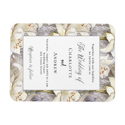 Witte lelies zilver retro trouwuitnodiging magneet (Horizontaal)