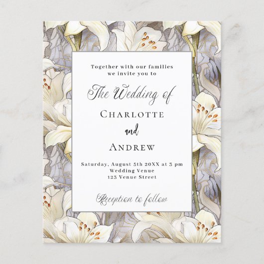 Witte lelies zilveren bloemenbruiloft uitnodiging (Voorkant)