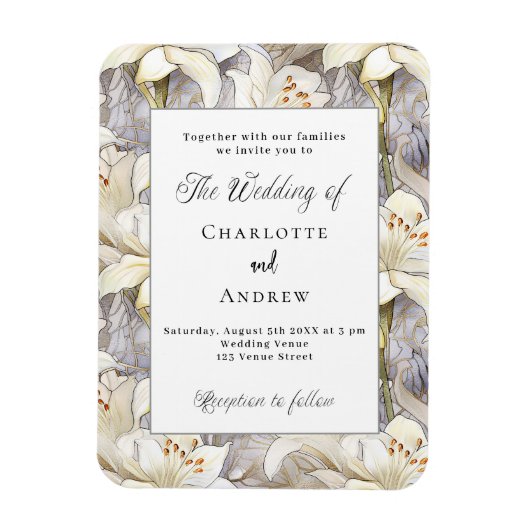 Witte lelies zilveren retro bruiloft uitnodiging magneet (Verticaal)