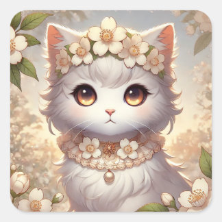 Witte lente bloemen prinses kat vierkante sticker