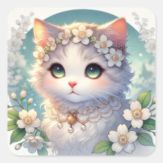 Witte lente bloemen prinses kat vierkante sticker