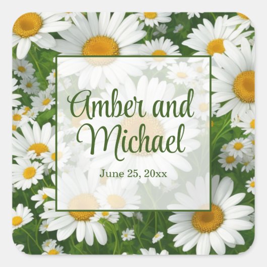 Witte lente bloemenwitte madeliefjes groen vierkante sticker (Voorkant)