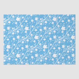 Witte Lente Bloesem Bloemen Patroon op Blauw Tissuepapier