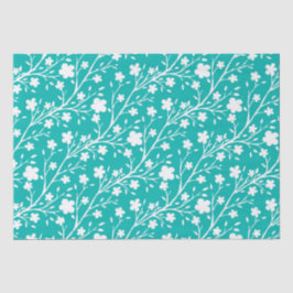 Witte Lente Bloesem Bloemen Patroon op Turquoise Tissuepapier