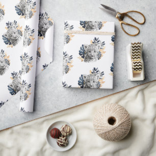Witte Leopard Blauwe Tropische bladeren Cadeaupapier