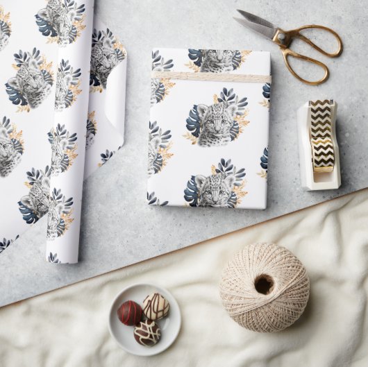 Witte Leopard Blauwe Tropische bladeren Cadeaupapier (Crafts)