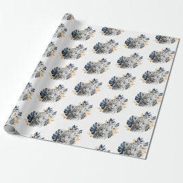 Witte Leopard Blauwe Tropische bladeren Cadeaupapier