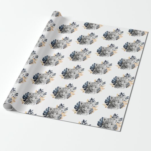 Witte Leopard Blauwe Tropische bladeren Cadeaupapier (Uitgerold)