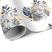 Witte Leopard Blauwe Tropische bladeren Cadeaupapier (Rol Hoek)