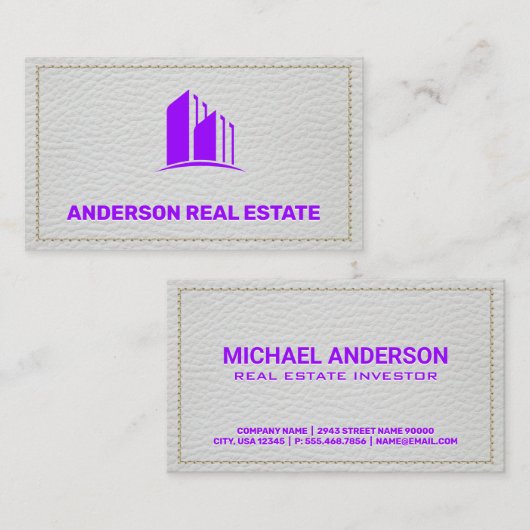 Witte leren genaaid lijkt | Gebouw pictogram Visitekaartje (Voorkant / Achterkant)