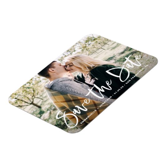 Witte Lettering Overlay Foto Save the Date Magneet (Linkerzijde)