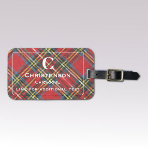 Witte letters op rode Stewart tartan geruite print Bagagelabel
