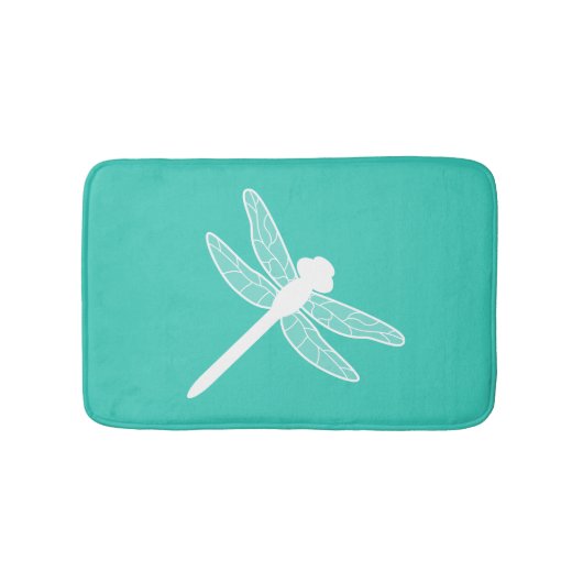 Witte Libellesilhouet Op Turquoise Badmat (Voorkant)