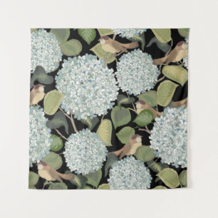 Witte, lichtblauwe Hortensia met groene bladeren e Wandkleed