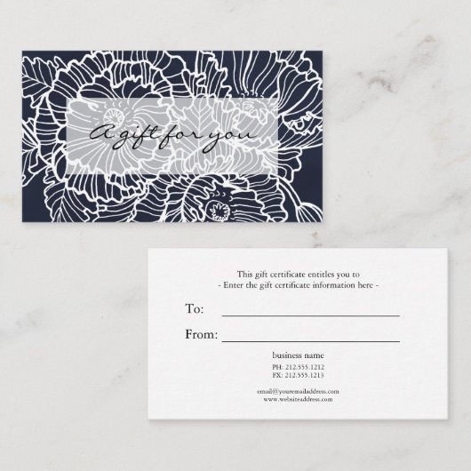 Witte lijn bloemen op marine cadeaubon visitekaartje (Voorkant / Achterkant)