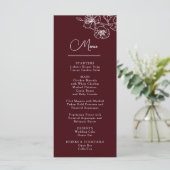 Witte lijn kunst bloemen diepe burgundy bruiloft menu (Staand voorkant)