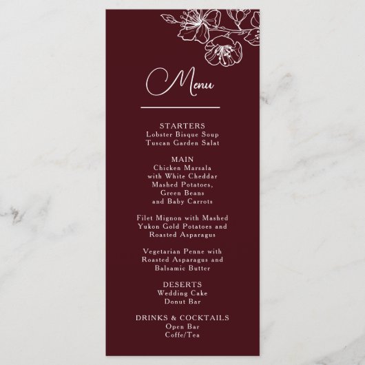 Witte lijn kunst bloemen diepe burgundy bruiloft menu (Voorkant)