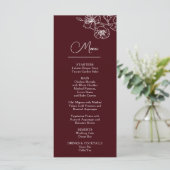 Witte lijn kunst bloemen diepe burgundy bruiloft menu (Staand voorkant)
