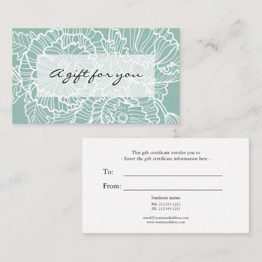 Witte lijn tekening bloemen aqua cadeaubon visitekaartje (Voorkant / Achterkant)