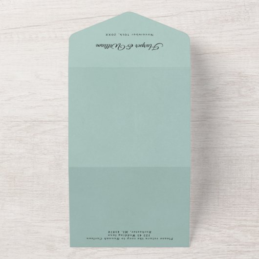 witte lijnenbloemen op de bruiloft van turquoise all in one uitnodiging (Buitenkant)