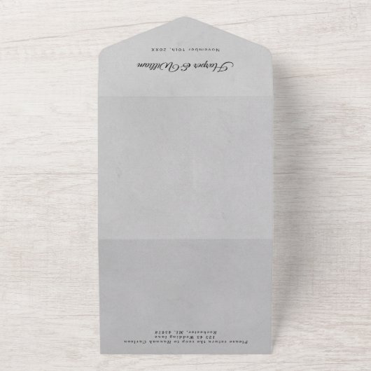 witte lijnenbloemen op lichtgrijze bruiloft all in one uitnodiging (Buitenkant)