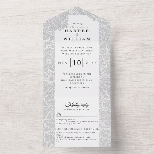 witte lijnenbloemen op lichtgrijze bruiloft all in one uitnodiging (Binnen)