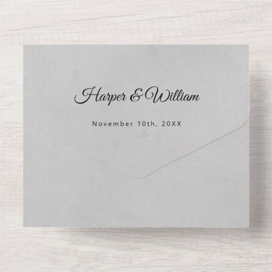 witte lijnenbloemen op lichtgrijze bruiloft all in one uitnodiging (Achterkant)