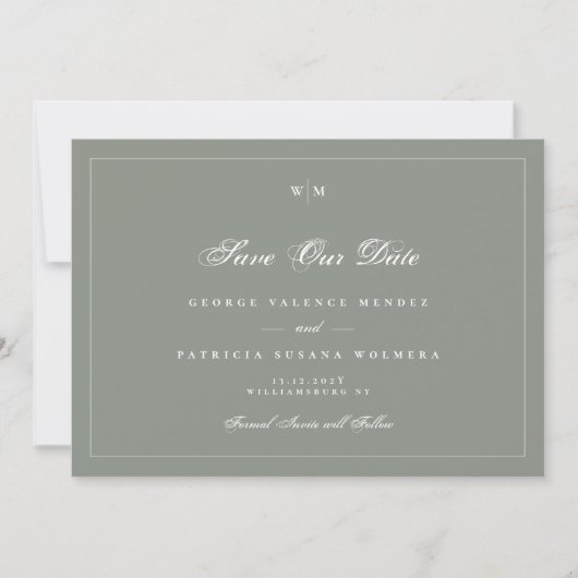 Witte lijst monogram saliegroen grijs foto bruilof save the date (Voorkant)