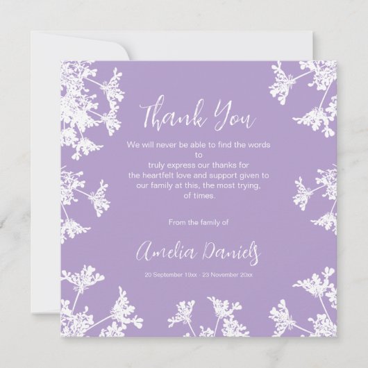 Witte & lila Wildflower begrafenis bedankkaart Kaart (Voorkant)