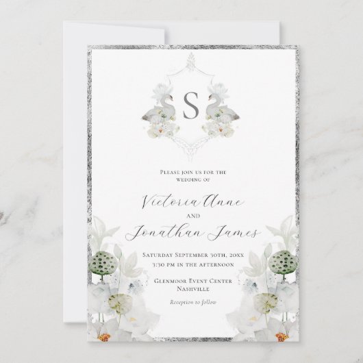 Witte Lilly Swan Monogram Crest Elegant Bruiloft Kaart (Voorkant)