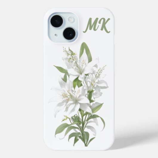 Witte Lily Bloemen Monogram Telefoon Case (Achterkant)
