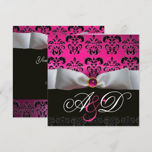 WITTE LINDBAND ROZE PURPER ZWART  DAMAST MONOGRAM KAART (Voorkant / Achterkant)