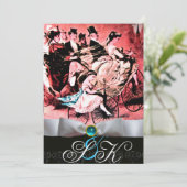 WITTE LINT AQUA BLAUWE ZWARTE DAMAST MONOGRAMME KAART (Staand voorkant)