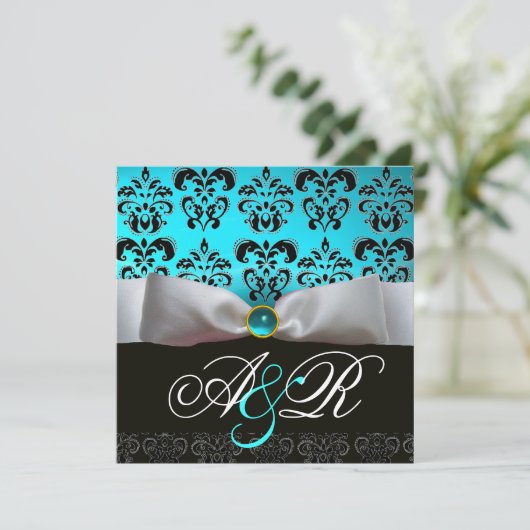 WITTE LINT BLAUW TURQUOISE ZWART DAMAST MONOGRAM KAART (Staand voorkant)