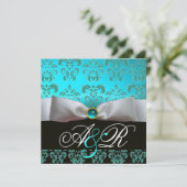 WITTE LINT BLAUWE TURQUOISE ZWARTE DAMAST MONOGRAM KAART (Staand voorkant)
