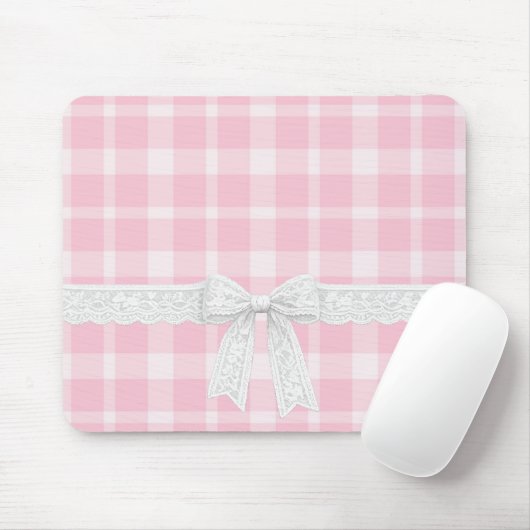 Witte lint en strik op roze ruit muismat (Met muis)