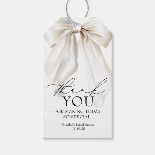 Witte lint favoris bruids douche dank je wel cadeaulabel (Voorkant)