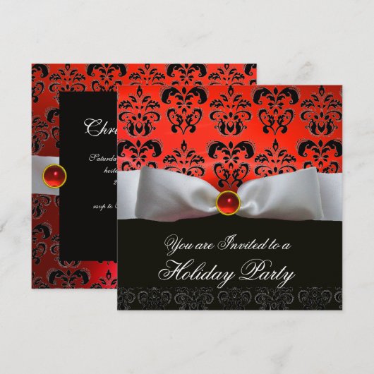 WITTE LINT ROOD ZWART DAMAST KERSTPARTY KAART (Voorkant / Achterkant)